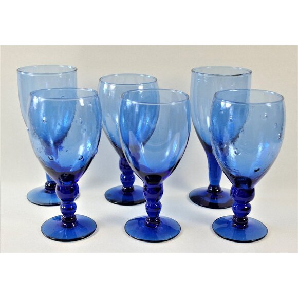 Set of 6 Cobalt Blue Water Goblets Handblown Wine Glasses Hobnail Texture - Picture 1 of 7